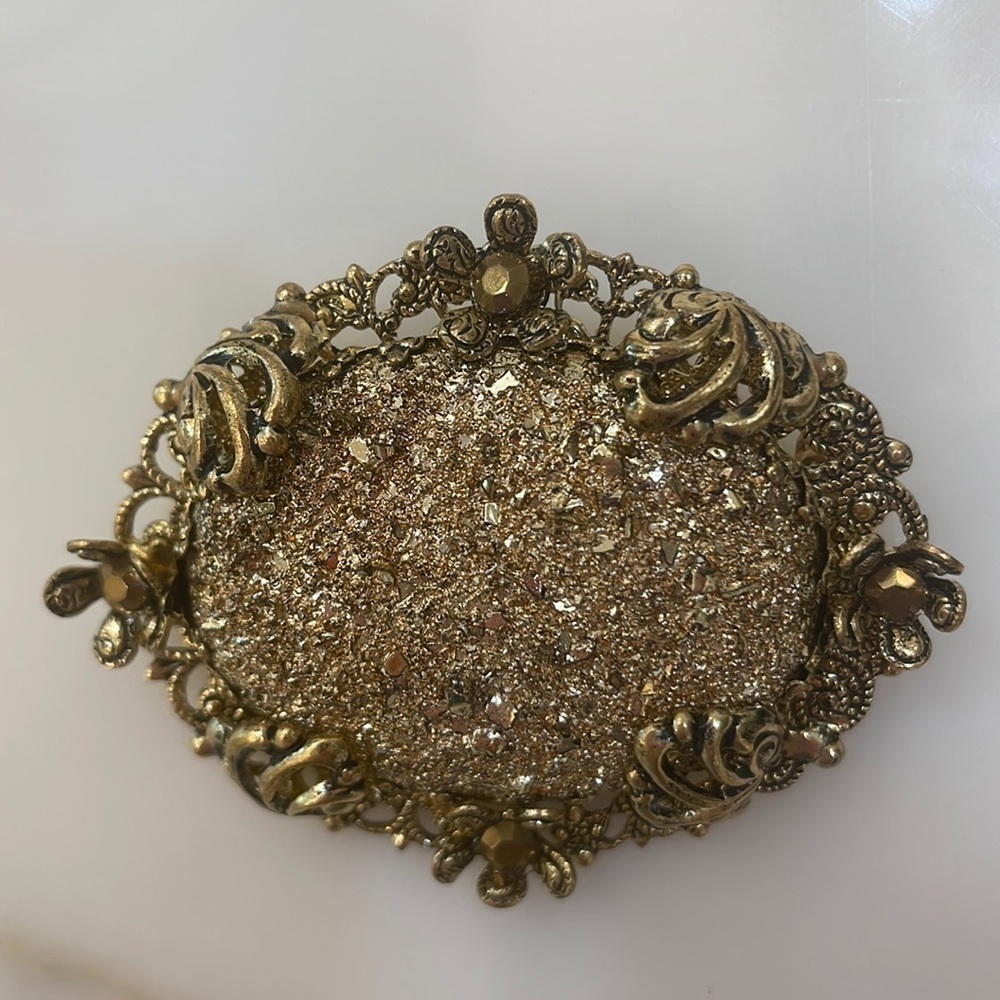 Vintage West Germany Gold/Marcasite/Crystal? Scrollwork Brooch—Beautiful! EUC